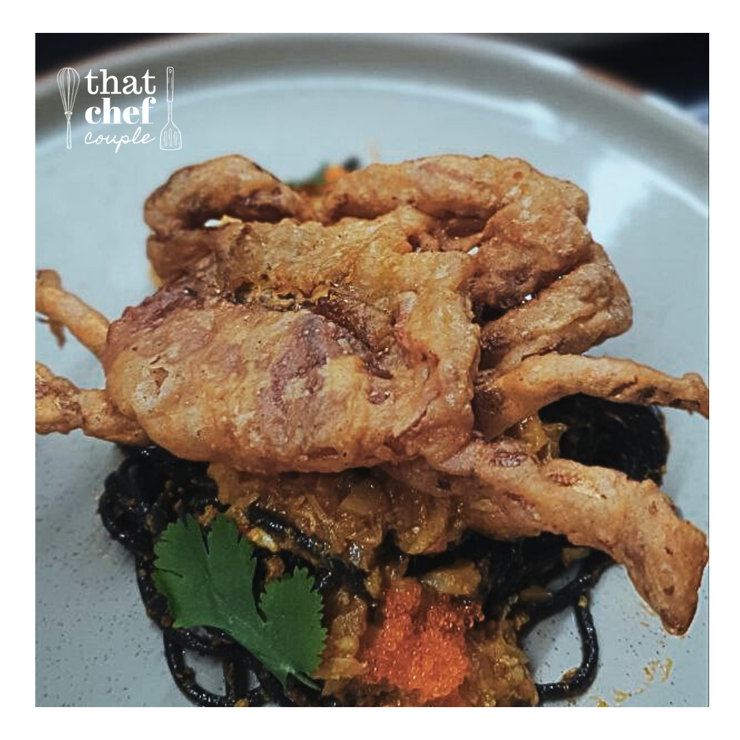 Soft shell crab with chilli crab sauce, squid ink pasta and ebiko