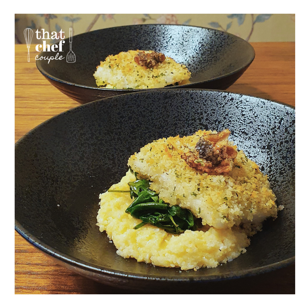breaded cod with polenta and wilted spinach
