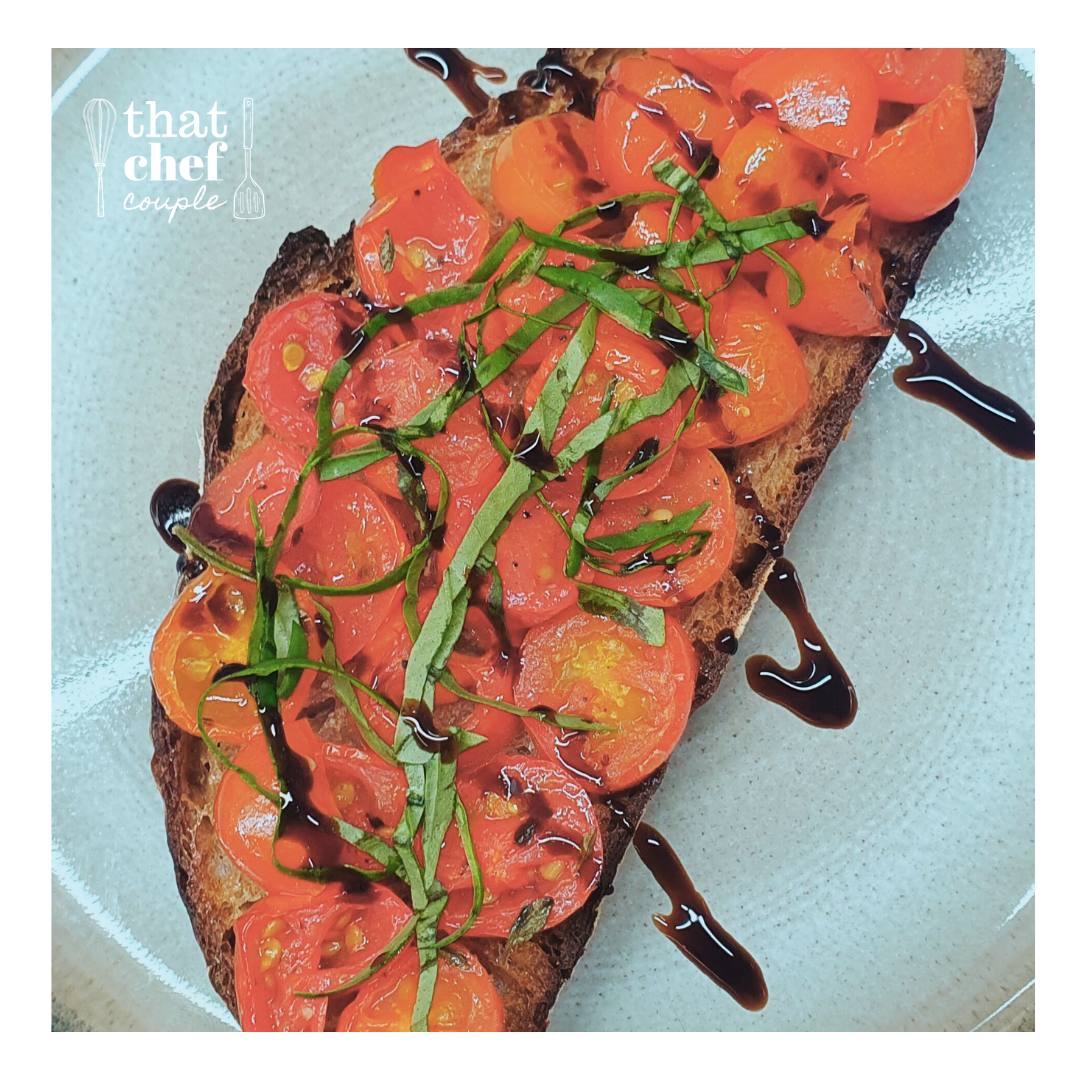 bruschetta with roasted cherry tomatoes and balsamic glaze