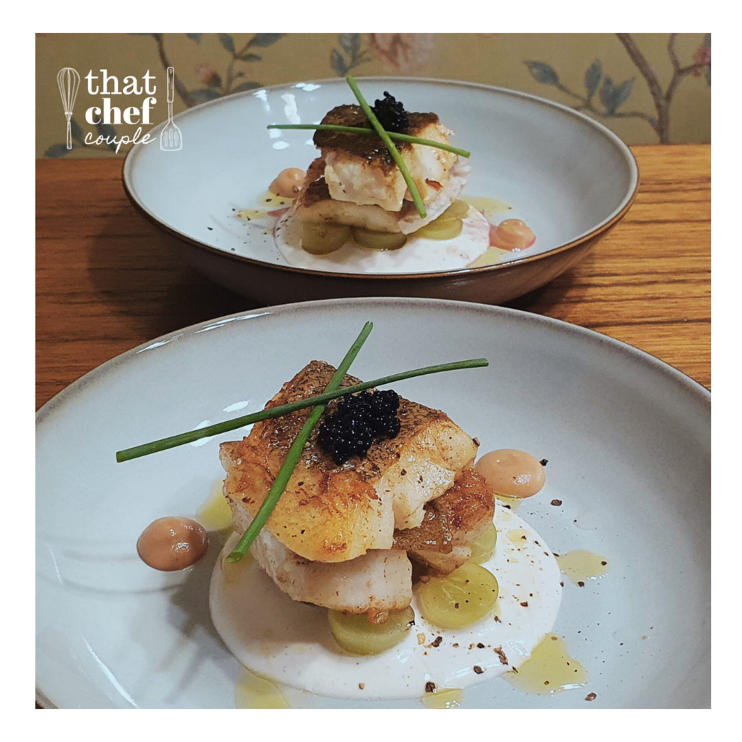 pan fried halibut with ajo blanco and cinnamon apple coulis