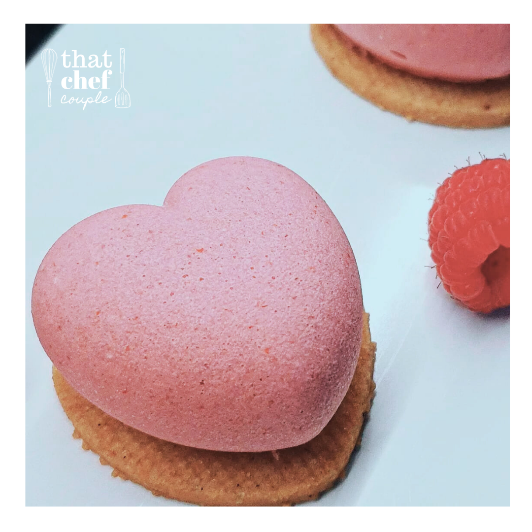 rose-scented raspberry hearts with lychee jelly and almond sponge