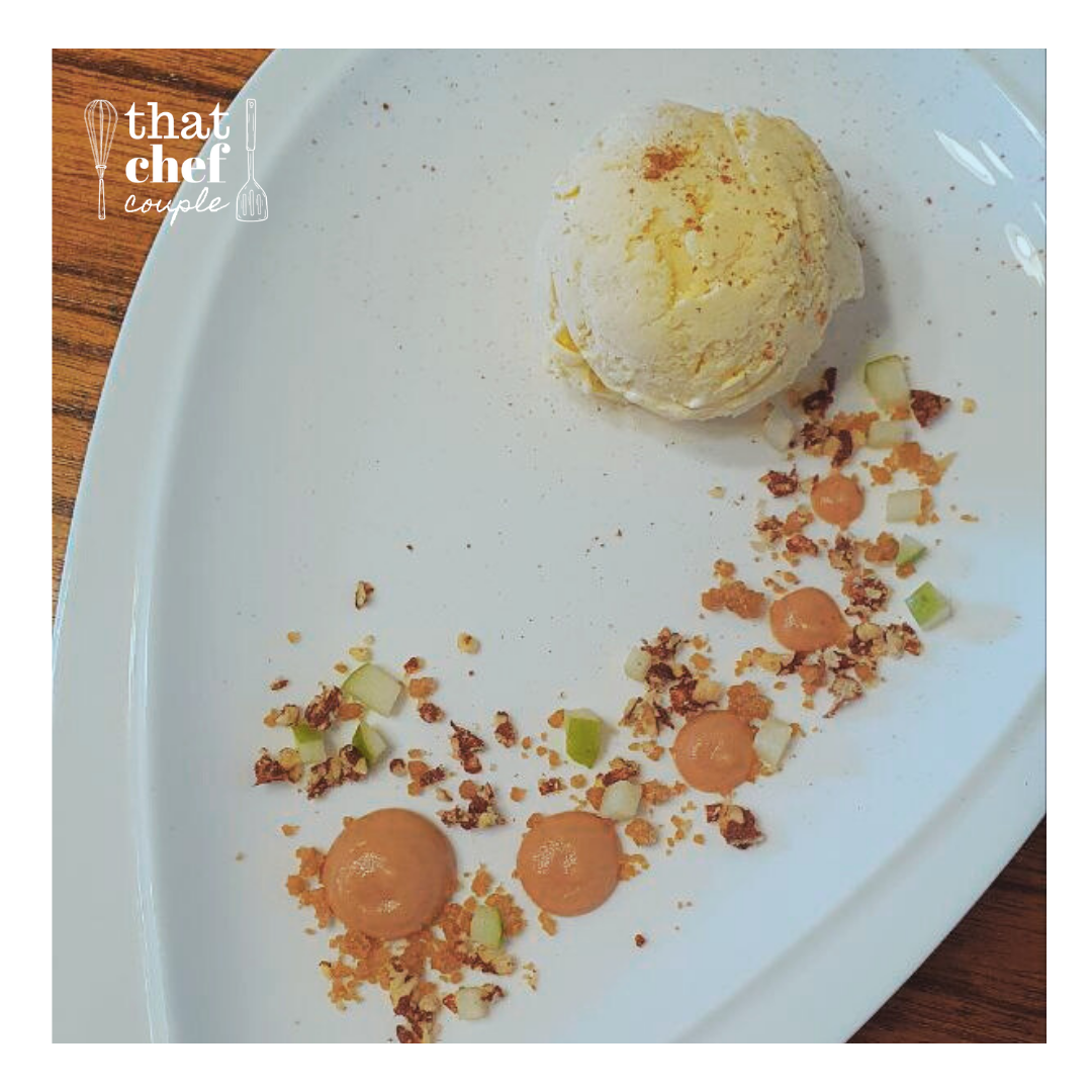 vanilla ice cream with whiskey and spiced apple coulis