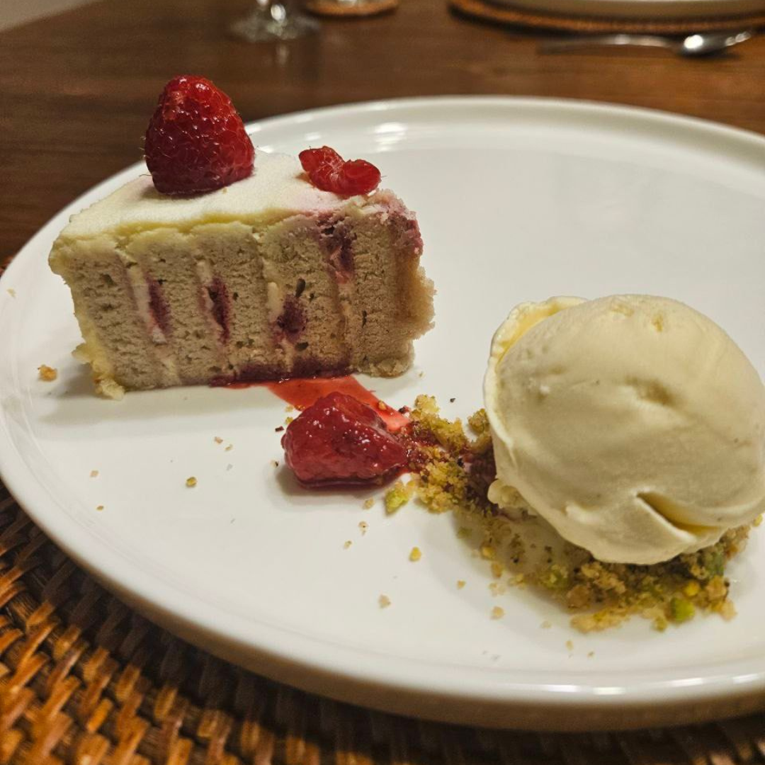 Rum-infused vanilla ice cream with raspberry vanilla cream log cake