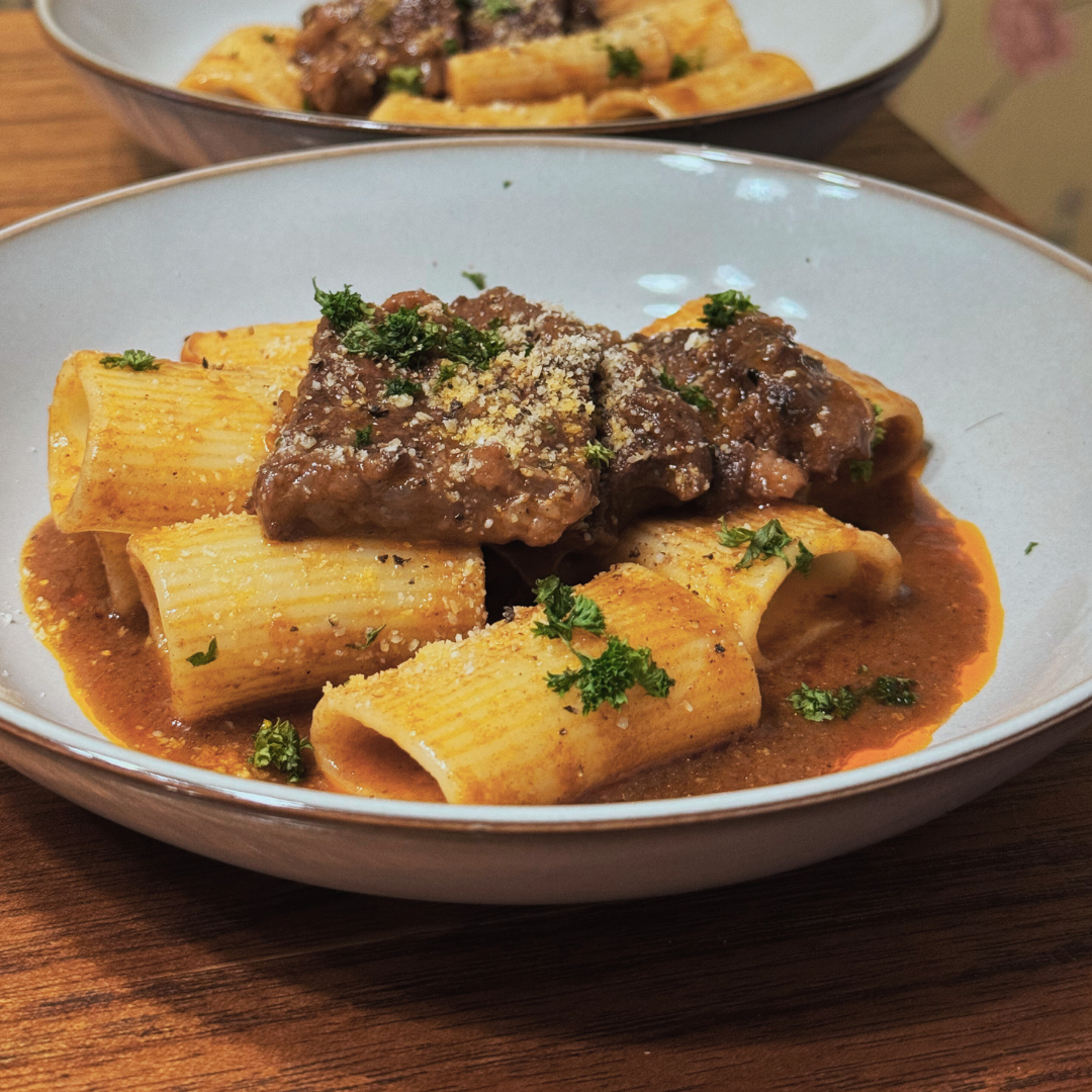 Calamarata pasta with wine-braised beef