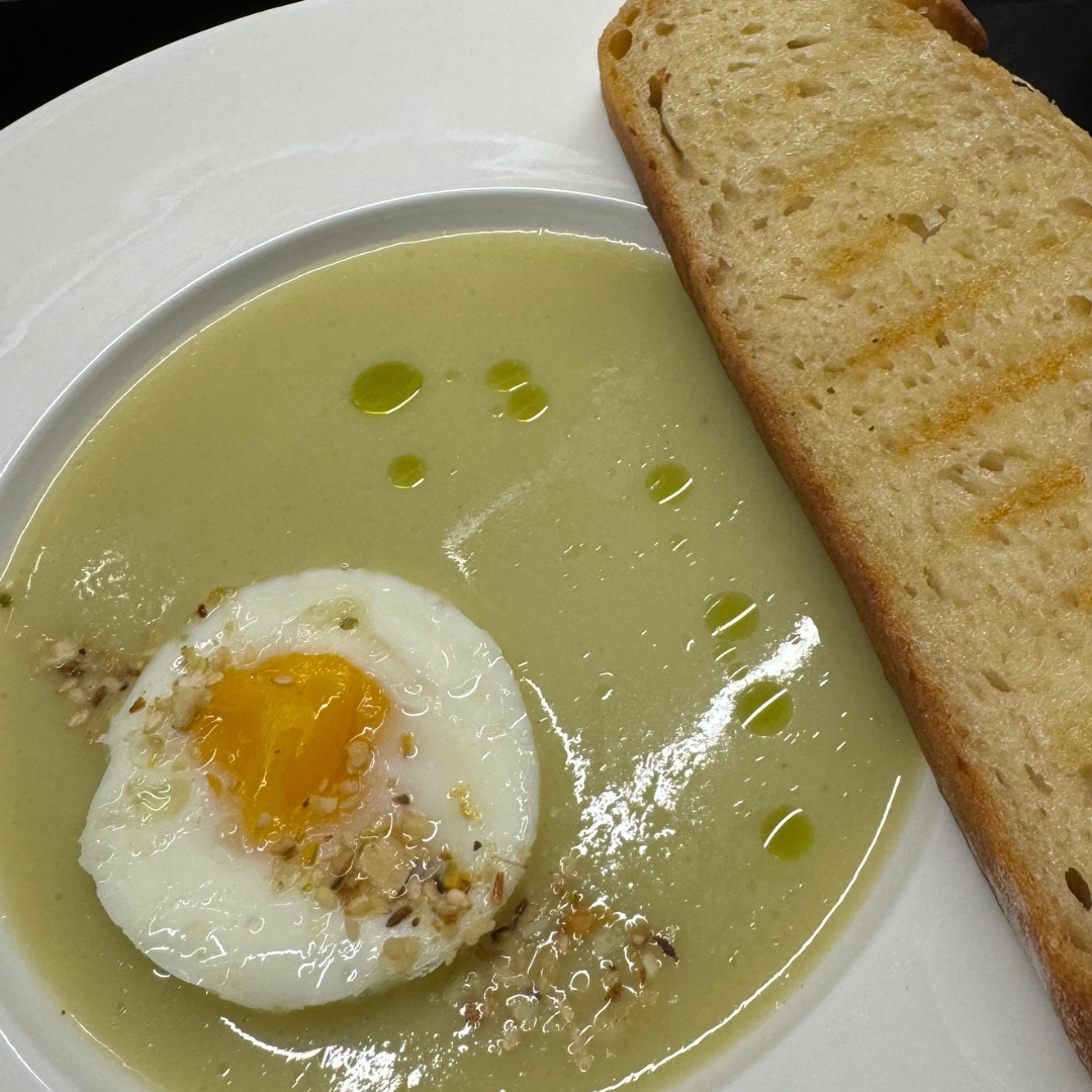 Truffle and celery cream with baked egg, dukkah and sourdough