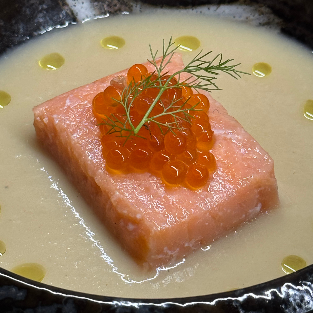 Oil-poached salmon with ikura
